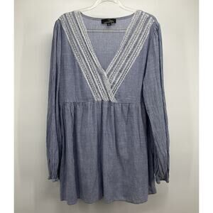 Peasant Top XL Blue White Stripe Lace Trim Cottagecore Tunic Suzanne Betro Flowy